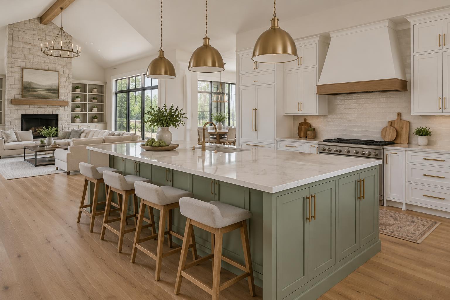 Open Omaha kitchen remodel with white cabinetry, a sage island, brass accents, and oak hardwood floors